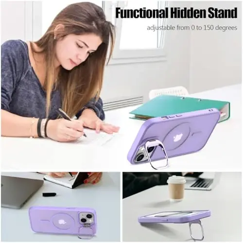 Nvollnoe for iPhone 15 Case Compatible with MagSafe Military Grade Shockproof Heavy Duty Protective Adjustable Kickstand Matte Semi Clear Phone Case for iPhone 15(Purple) - 4