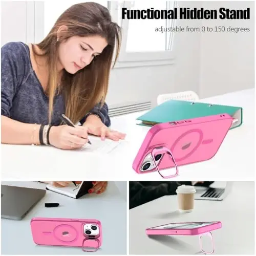 Nvollnoe for iPhone 15 Case Compatible with MagSafe Military Grade Shockproof Heavy Duty Protective Adjustable Kickstand Matte Semi Clear Phone Case for iPhone 15(Rose) - 4