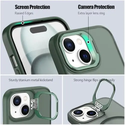 Nvollnoe for iPhone 15 Case Compatible with MagSafe,Military Grade Shockproof Heavy Duty Protective Adjustable Kickstand Matte Semi Clear Phone Case for iPhone 15(Dark Green) - 3