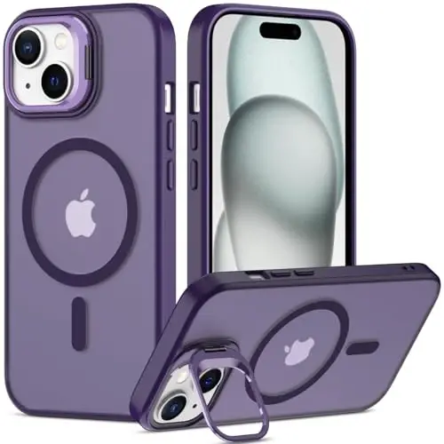 Nvollnoe for iPhone 15 Case Compatible with MagSafe,Military Grade Shockproof Heavy Duty Protective Adjustable Kickstand Matte Semi Clear Phone Case for iPhone 15(Deep Purple) 