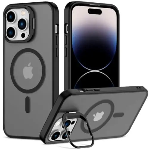 Nvollnoe iPhone 14 Pro Max Kılıf, MagSafe Uyumlu, Askeri Sınıf Darbeye Dayanıklı, Ağır Hizmet Koruyucu, Ayarlanabilir Standlı, Mat Yarı Şeffaf Telefon Kılıfı, iPhone 14 Pro Max (Siyah) - 1