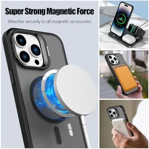 Nvollnoe iPhone 14 Pro Max Kılıf, MagSafe Uyumlu, Askeri Sınıf Darbeye Dayanıklı, Ağır Hizmet Koruyucu, Ayarlanabilir Standlı, Mat Yarı Şeffaf Telefon Kılıfı, iPhone 14 Pro Max (Siyah) - 2