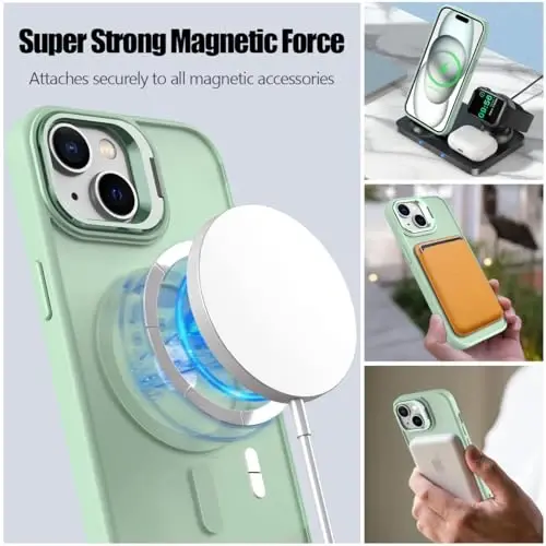 Nvollnoe for iPhone 15 Case Compatible with MagSafe Military Grade Shockproof Heavy Duty Protective Adjustable Kickstand Matte Semi Clear Phone Case for iPhone 15(Mint) - NVOLLNOE (1)