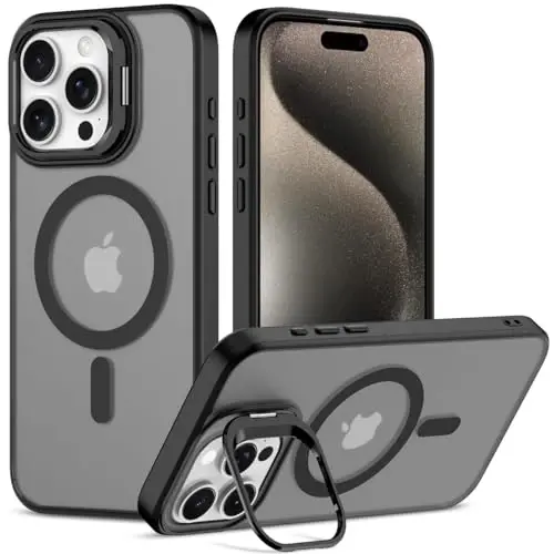 Nvollnoe iPhone 15 Pro Max Kılıfı, MagSafe Uyumlu, Askeri Sınıf Darbeye Dayanıklı, Ağır Hizmet Koruyucu, Ayarlanabilir Standlı, Mat Yarı Şeffaf Telefon Kılıfı, iPhone 15 Pro Max için (Siyah) - 1