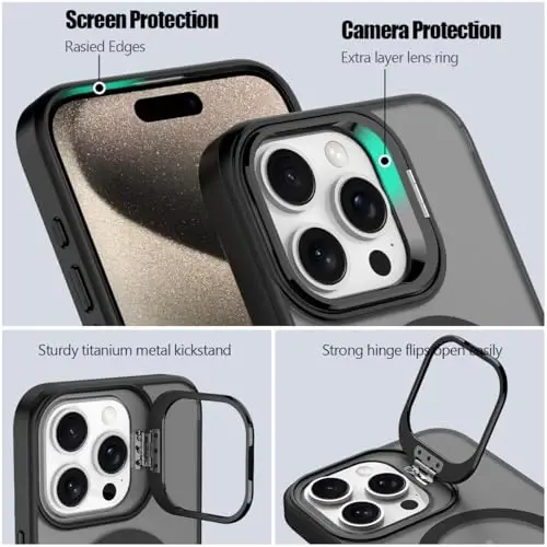 Nvollnoe iPhone 15 Pro Max Kılıfı, MagSafe Uyumlu, Askeri Sınıf Darbeye Dayanıklı, Ağır Hizmet Koruyucu, Ayarlanabilir Standlı, Mat Yarı Şeffaf Telefon Kılıfı, iPhone 15 Pro Max için (Siyah) - 3