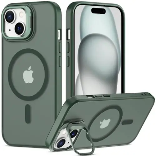 Nvollnoe iPhone 15 uchun g'ilof MagSafe bilan mos, harbiy darajadagi zarbga chidamli og'ir yuk ko'taruvchi himoya sozlanishi tirgakli mat yarim shaffof telefon g'ilofi iPhone 15 uchun (to'q yashil) - 1