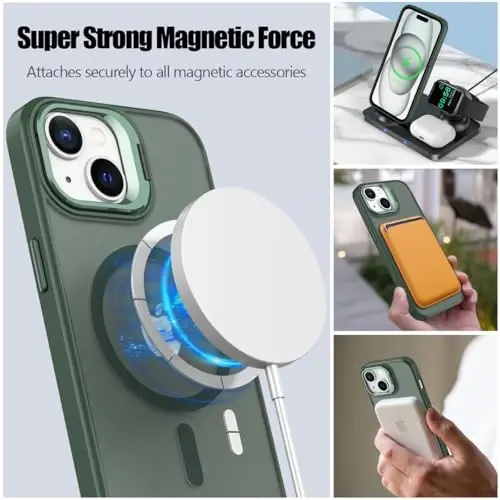 Nvollnoe iPhone 15 uchun g'ilof MagSafe bilan mos, harbiy darajadagi zarbga chidamli og'ir yuk ko'taruvchi himoya sozlanishi tirgakli mat yarim shaffof telefon g'ilofi iPhone 15 uchun (to'q yashil) - 2