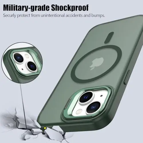 Nvollnoe iPhone 15 uchun g'ilof MagSafe bilan mos, harbiy darajadagi zarbga chidamli og'ir yuk ko'taruvchi himoya sozlanishi tirgakli mat yarim shaffof telefon g'ilofi iPhone 15 uchun (to'q yashil) - 6