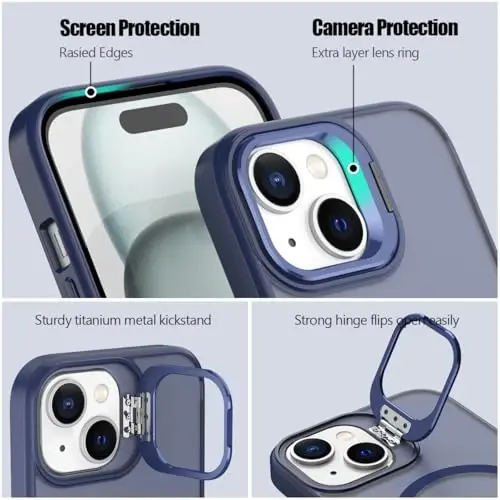 Nvollnoe iPhone 15 uchun MagSafe bilan mos keladigan g'ilof, harbiy standartga javob beradigan zarbaga chidamli, og'ir himoya, sozlanishi tayanch, mat yarim shaffof telefon g'ilofi iPhone 15 uchun (ko'k) - 3