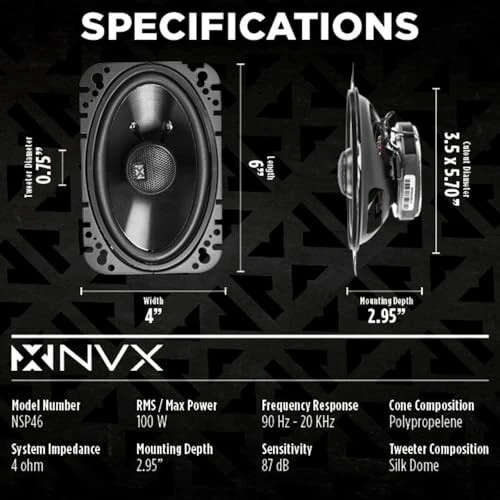NVX® NSP46 4x6 Car Speakers, 300W Max, 100W RMS, 2-Way Coaxial w/Silk Dome Tweeters & Built-in X-Overs, Easy to Install in Cars/Trucks/Doors (Pair) - 3