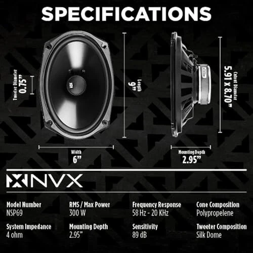 NVX® NSP69 6x9 Car Speakers, 900W Max, 300W RMS, 2-Way Coaxial w/Silk Dome Tweeters & Built-in X-Overs, Easy to Install in Cars/Trucks/Doors (Pair) - 3