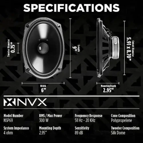 NVX® NSP69 6x9 Car Speakers, 900W Max, 300W RMS, 2-Way Coaxial w/Silk Dome Tweeters & Built-in X-Overs, Easy to Install in Cars/Trucks/Doors (Pair) - 3