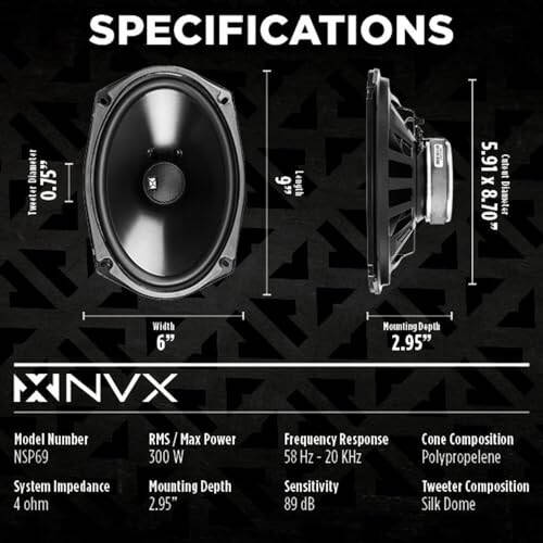 NVX® NSP69 6x9 Car Speakers, 900W Max, 300W RMS, 2-Way Coaxial w/Silk Dome Tweeters & Built-in X-Overs, Easy to Install in Cars/Trucks/Doors (Pair) - 3