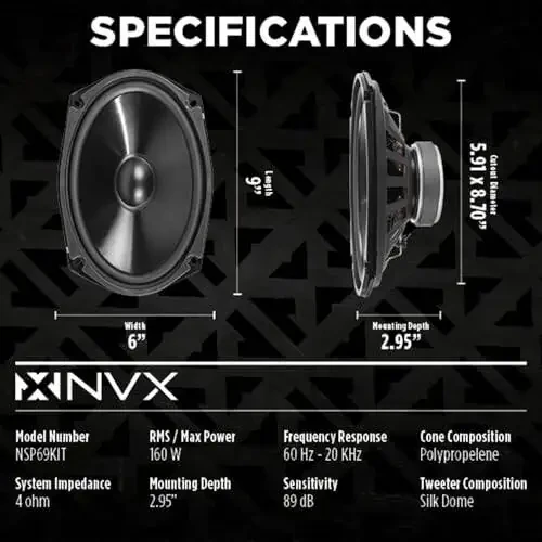 NVX® NSP69KIT 6x9 автодинамик, 920 макс, 320 Вт RMS, 2-й компонентли тизим ипак куполли твиттер ва пассив кроссоверлар билан, автомобиллар/юк машиналари/эшикларга ўрнатиш осон (жуфт) - 3