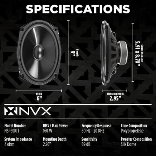 NVX® NSP69KIT 6x9 автомобильные колонки, 920 макс., 320 Вт RMS, 2-полосная компонентная система с шелковыми купольными твитерами и пассивными кроссоверами, простая установка в автомобилях/грузовиках/дверях (пара) - 3
