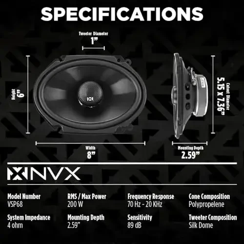 NVX VSP68 600W Peak (200W RMS) 6x8 V-Series 2 tomonlama koaksiyal dinamiklar, 25 mm ipak gumbazli tvitterlar bilan - 3