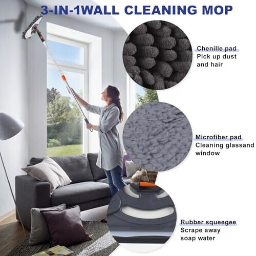 NWGOF Wall Cleaner Mop with 79 Inches Long Handle, 360° Wall Washer Cleaner Tool for Walls/Ceiling Fans/Dust/Baseboard/Floors Clean, Ceiling Cleaner Tool Duster with Squeegee 6 Replacement Pads - 3