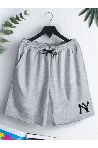 NY New York Logo Bosmali Likrali Kulrang Erkak Short - Och Kulrang - 1
