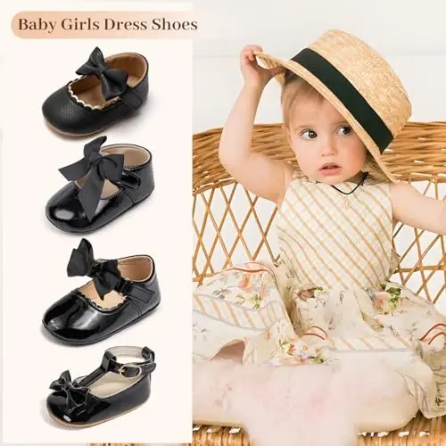 Oamico Infant Baby Girls Mary Jane Flats Non Slip Rubber Sole with Bownot Toddler First Walkers Princess Wedding Dress Shoes - 2