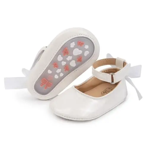 Oamico Infant Baby Girls Mary Jane Flats Non Slip Rubber Sole with Bownot Toddler First Walkers Princess Wedding Dress Shoes - 1