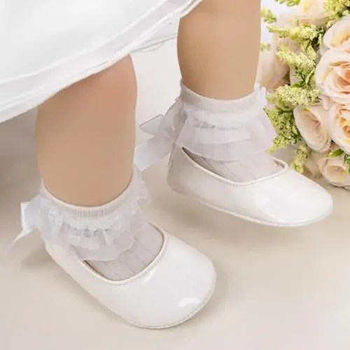 Oamico Infant Baby Girls Mary Jane Flats Non Slip Rubber Sole with Bownot Toddler First Walkers Princess Wedding Dress Shoes - 2