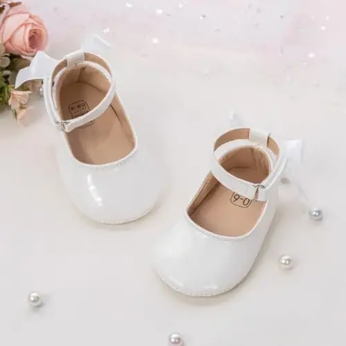 Oamico Infant Baby Girls Mary Jane Flats Non Slip Rubber Sole with Bownot Toddler First Walkers Princess Wedding Dress Shoes - 5
