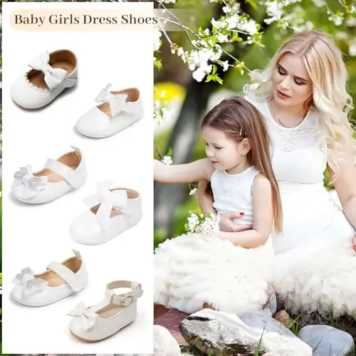 Oamico Infant Baby Girls Mary Jane Flats Non Slip Rubber Sole with Bownot Toddler First Walkers Princess Wedding Dress Shoes - 2