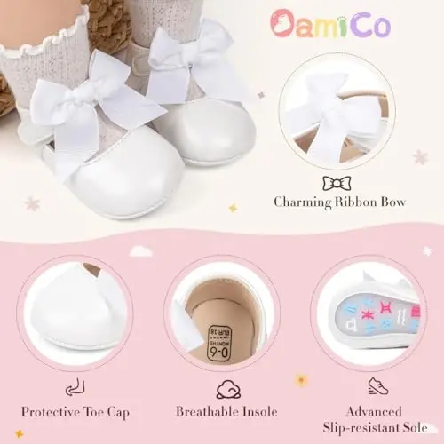 Oamico Infant Baby Girls Mary Jane Flats Non Slip Rubber Sole with Bownot Toddler First Walkers Princess Wedding Dress Shoes - 5
