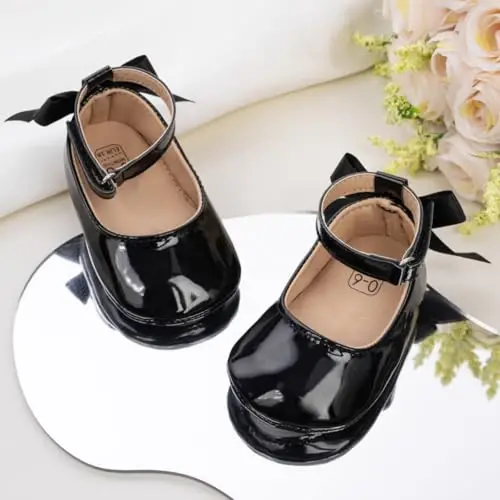 Oamico Infant Baby Girls Mary Jane Flats Non Slip Rubber Sole with Bownot Toddler First Walkers Princess Wedding Dress Shoes - 3