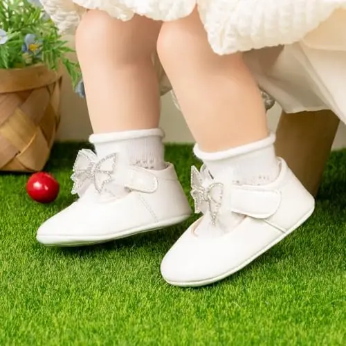 Oamico Infant Baby Girls Mary Jane Flats Non Slip Rubber Sole with Bownot Toddler First Walkers Princess Wedding Dress Shoes - 2
