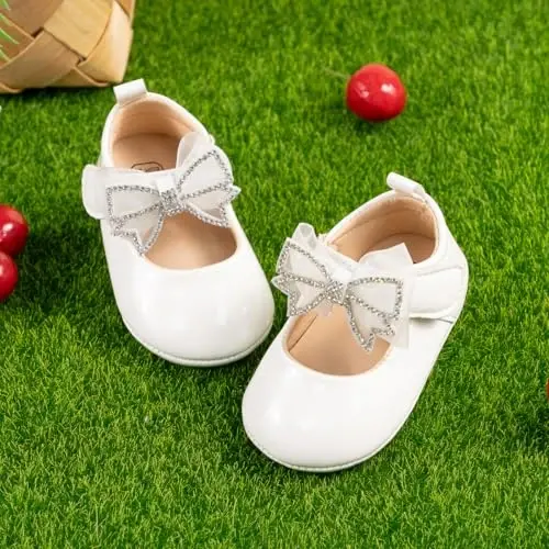 Oamico Infant Baby Girls Mary Jane Flats Non Slip Rubber Sole with Bownot Toddler First Walkers Princess Wedding Dress Shoes - 3