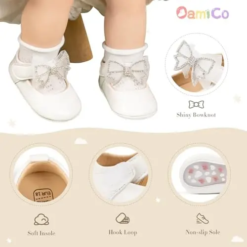 Oamico Infant Baby Girls Mary Jane Flats Non Slip Rubber Sole with Bownot Toddler First Walkers Princess Wedding Dress Shoes - 5
