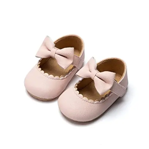Oamico Infant Baby Girls Mary Jane Flats Non Slip Rubber Sole with Bownot Toddler First Walkers Princess Wedding Dress Shoes - 1