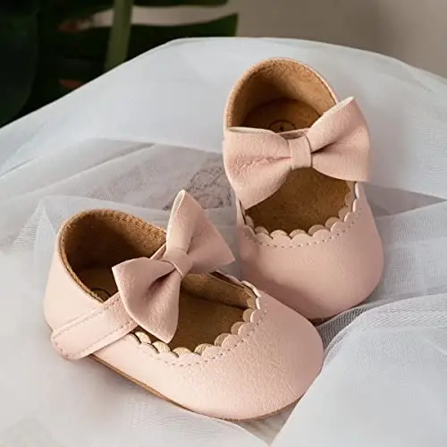 Oamico Infant Baby Girls Mary Jane Flats Non Slip Rubber Sole with Bownot Toddler First Walkers Princess Wedding Dress Shoes - 3
