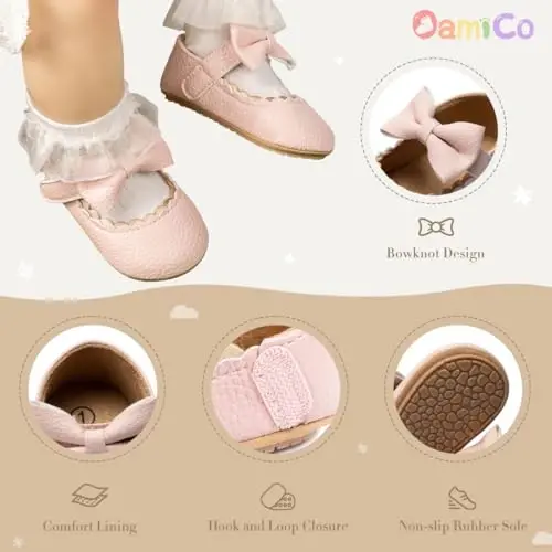Oamico Infant Baby Girls Mary Jane Flats Non Slip Rubber Sole with Bownot Toddler First Walkers Princess Wedding Dress Shoes - 4