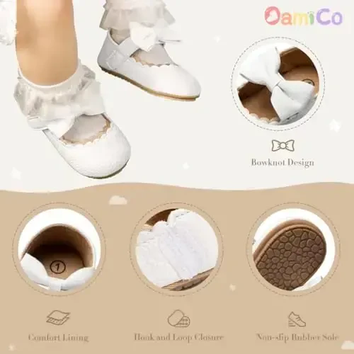 Oamico Infant Baby Girls Mary Jane Flats Non Slip Rubber Sole with Bownot Toddler First Walkers Princess Wedding Dress Shoes - 4