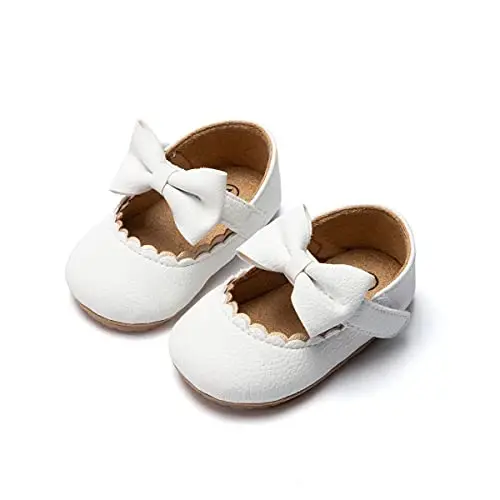 Oamico Infant Baby Girls Mary Jane Flats Non Slip Rubber Sole with Bownot Toddler First Walkers Princess Wedding Dress Shoes - 1