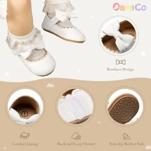 Oamico Infant Baby Girls Mary Jane Flats Non Slip Rubber Sole with Bownot Toddler First Walkers Princess Wedding Dress Shoes - 4