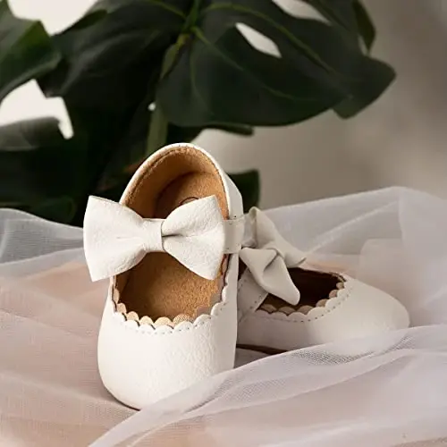Oamico Infant Baby Girls Mary Jane Flats Non Slip Rubber Sole with Bownot Toddler First Walkers Princess Wedding Dress Shoes - 7
