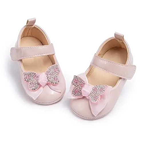 Oamico Infant Baby Girls Mary Jane Flats Non Slip Rubber Sole with Bownot Toddler First Walkers Princess Wedding Dress Shoes 