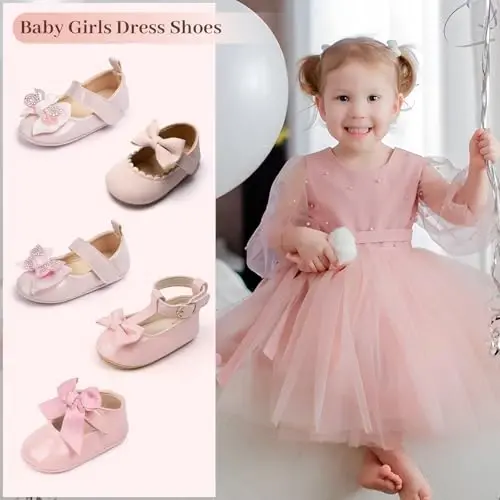 Oamico Infant Baby Girls Mary Jane Flats Non Slip Rubber Sole with Bownot Toddler First Walkers Princess Wedding Dress Shoes - 2