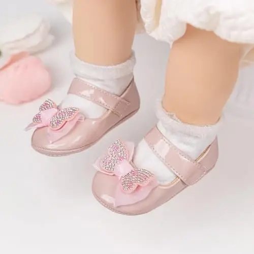 Oamico Infant Baby Girls Mary Jane Flats Non Slip Rubber Sole with Bownot Toddler First Walkers Princess Wedding Dress Shoes - 3