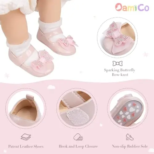 Oamico Infant Baby Girls Mary Jane Flats Non Slip Rubber Sole with Bownot Toddler First Walkers Princess Wedding Dress Shoes - 5