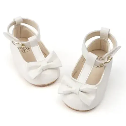 Oamico Infant Baby Girls Mary Jane Flats Non Slip Rubber Sole with Bownot Toddler First Walkers Princess Wedding Dress Shoes - 1