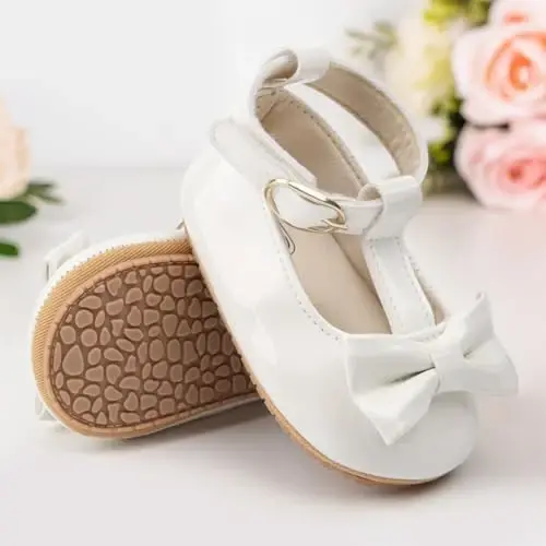 Oamico Infant Baby Girls Mary Jane Flats Non Slip Rubber Sole with Bownot Toddler First Walkers Princess Wedding Dress Shoes - 4