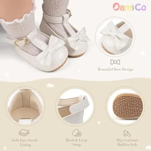 Oamico Infant Baby Girls Mary Jane Flats Non Slip Rubber Sole with Bownot Toddler First Walkers Princess Wedding Dress Shoes - 5