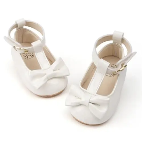 Oamico Infant Baby Girls Mary Jane Flats Non Slip Rubber Sole with Bownot Toddler First Walkers Princess Wedding Dress Shoes - 1