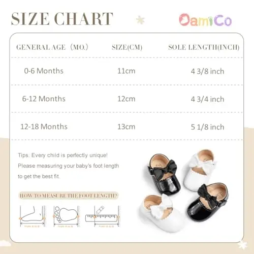 Oamico Infant Baby Girls Mary Jane Flats Non Slip Rezina Taglik bilan Bownot Toddler Birinchi Walkers Princess To'y Liboslari Poyafzali - 6