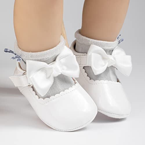 Oamico Infant Baby Girls Mary Jane Flats Non Slip Rubber Sole with Bowknot Toddler First Walkers Princess Wedding Dress Shoes - 3