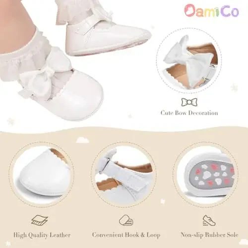 Oamico Infant Baby Girls Mary Jane Flats Non Slip Rubber Sole with Bowknot Toddler First Walkers Princess Wedding Dress Shoes - 4